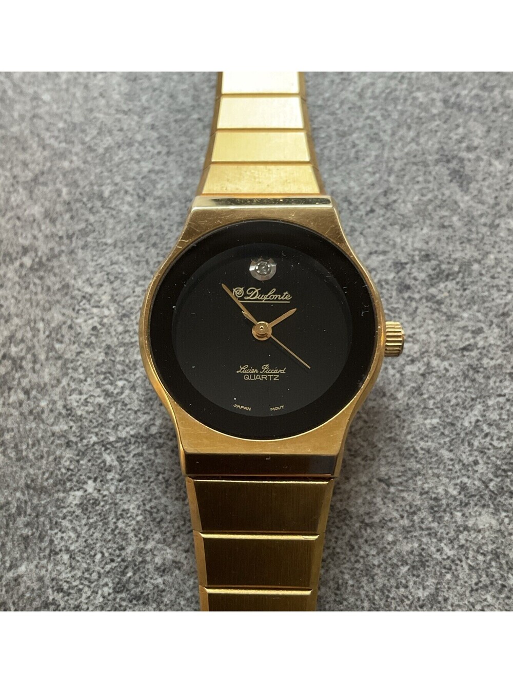 Vintage Dufonte Womens Watch 24mm Gold Tone Case Black Diamond Accent Dial BX